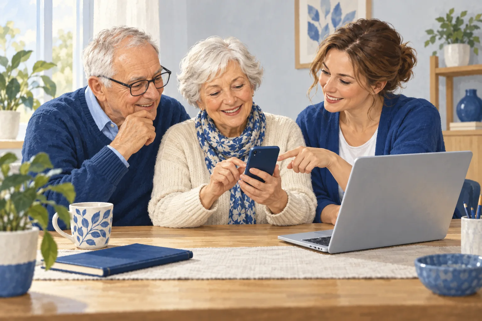 Ilustracja: seniorzy uczą się obsługi smartfona z instruktorką przy wspólnym stole.